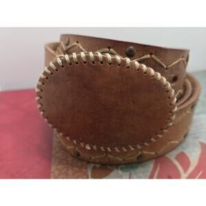 Vtg DKNY BOHO Gypsy Inspired Tan Brown Leather Belt Sz L 40" Oval Buckle